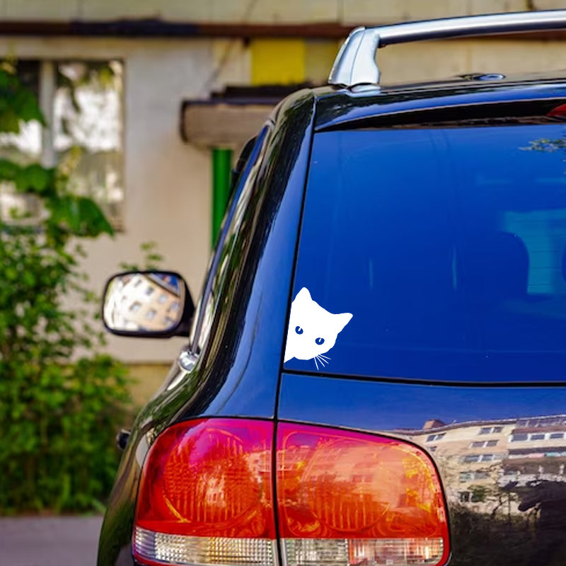 Cute Cat Peeking Decal - Bundle (Your Size + Bonus Mini) | Vinyl Sticker | Aarna Kraft Canada White On Car