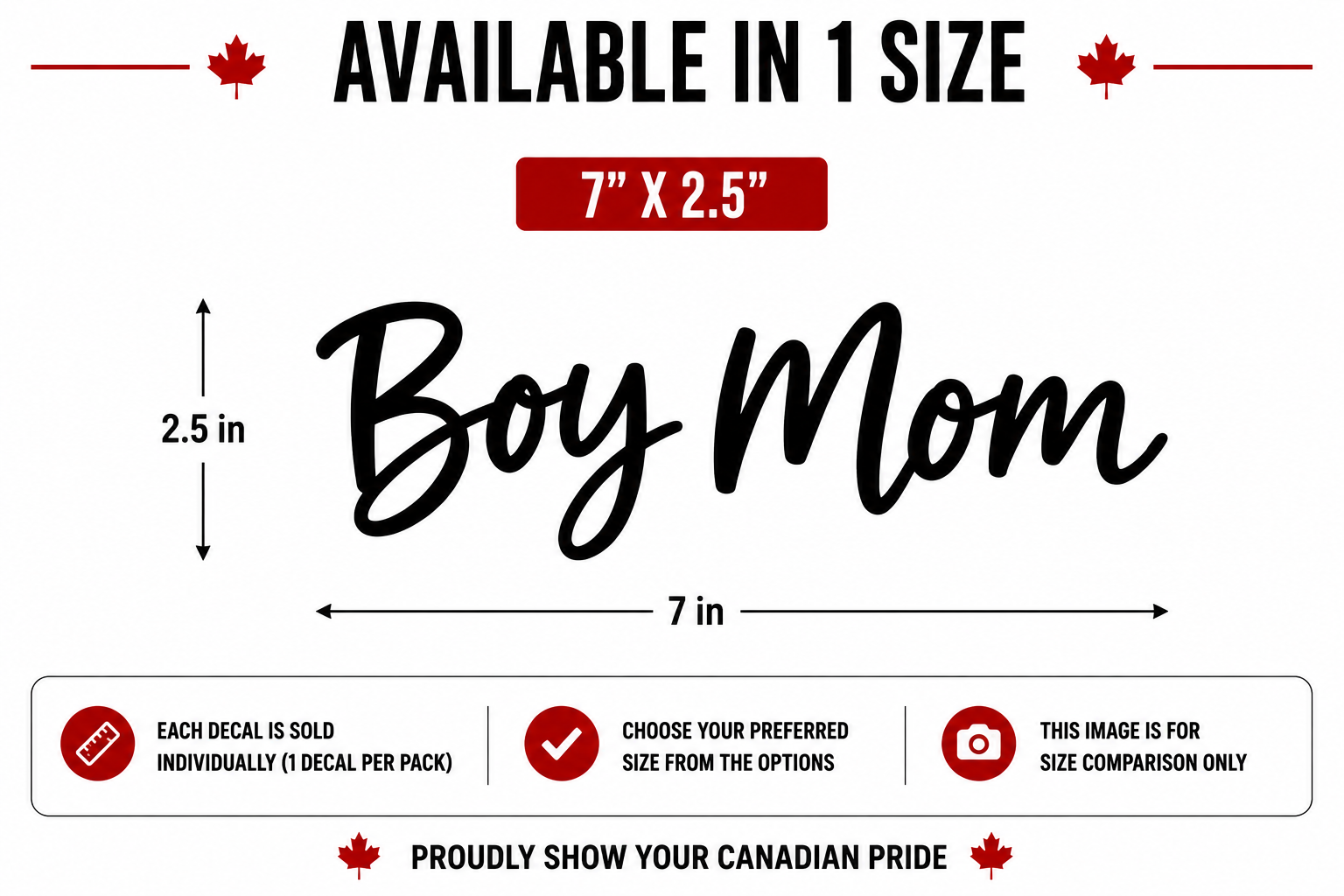 Boy Mom car decal size chart – 7 x 2.5 inches