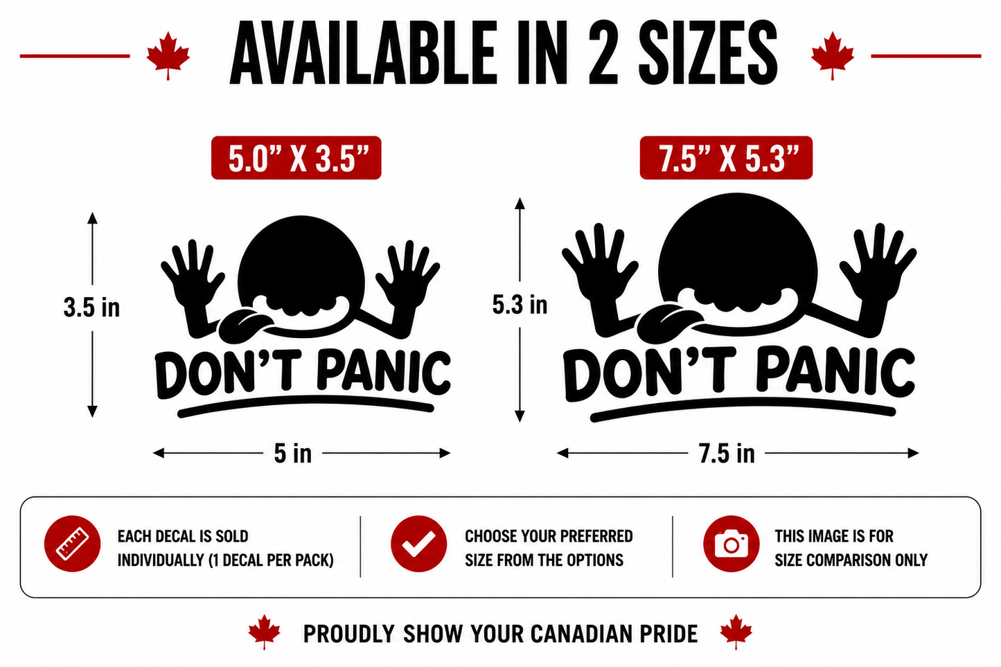 Size options for Don't Panic car window sticker