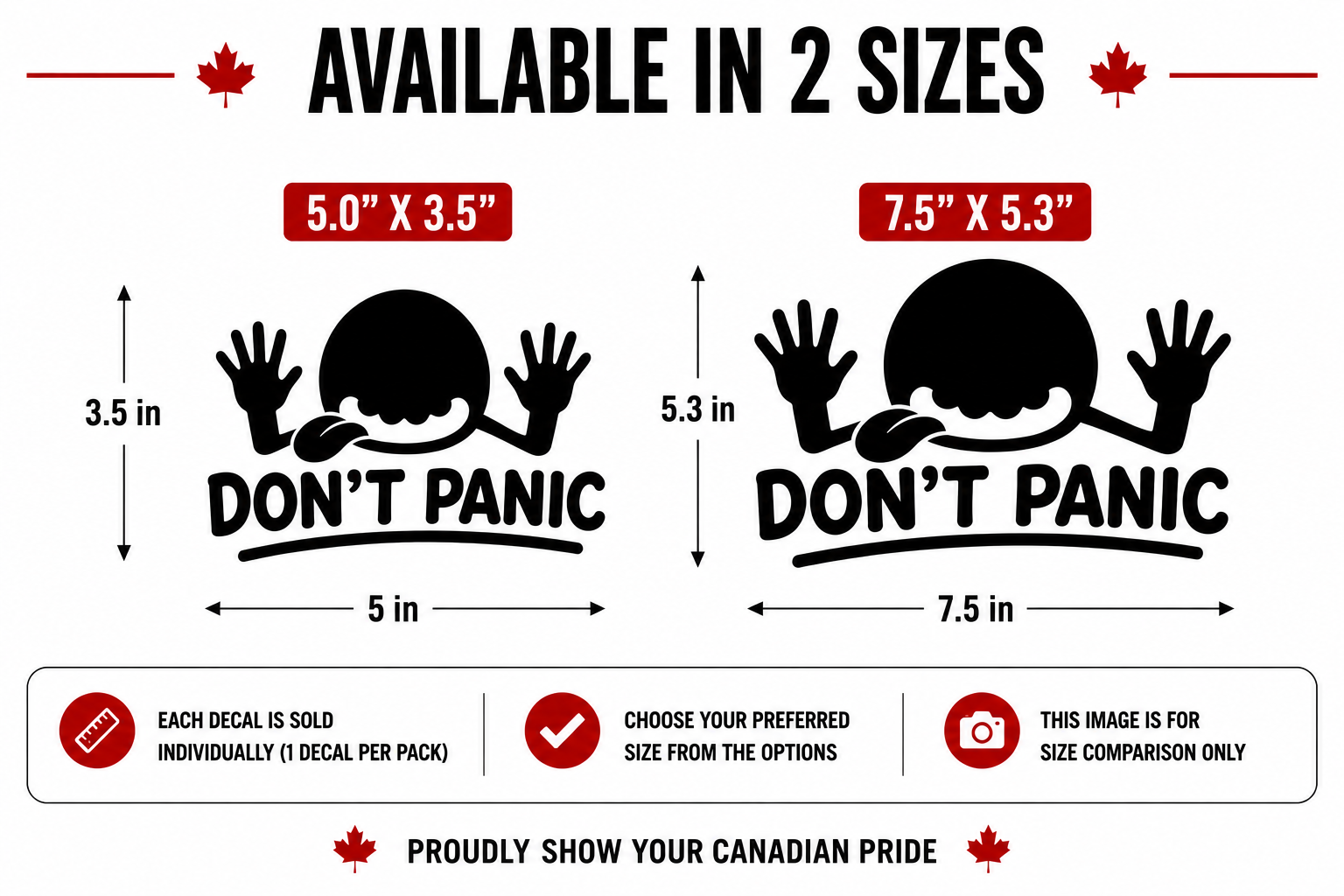 Size options for Don't Panic car window sticker