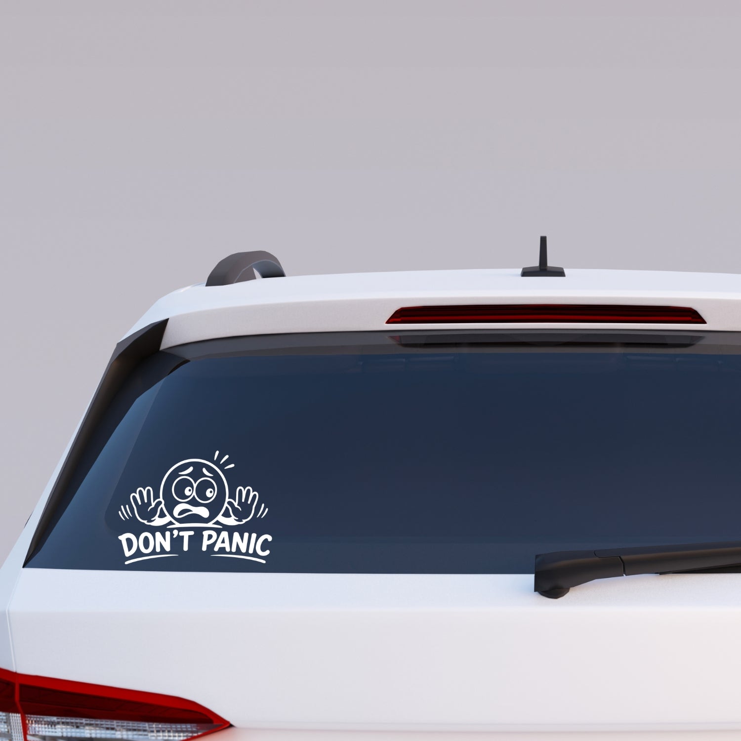 Don't Panic humorous window sticker applied to car