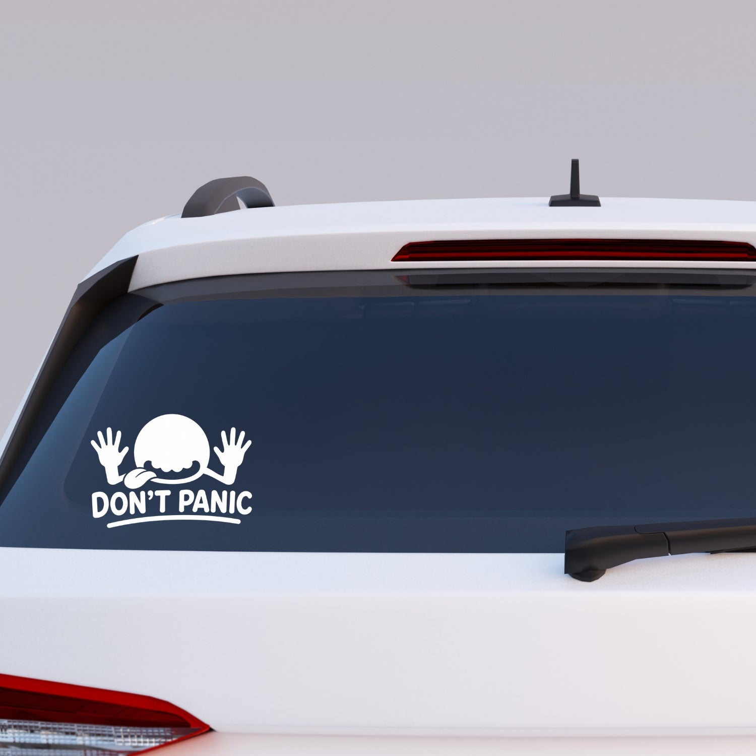 Don't Panic vinyl decal applied to car window